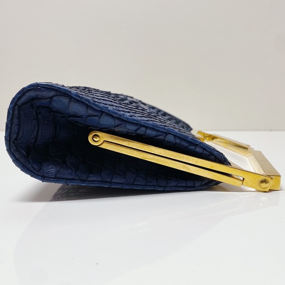 J. Mendel Paris Minuit Navy Blue Gold Python Snakeskin Top Handle Clutch Bag - Picture 6 of 11